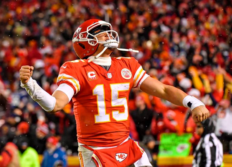 Patrick Mahomes celebrates in the Chiefs' playoff win over the Colts, 31-13 Photo by John Sleezer of the Kansas City Star